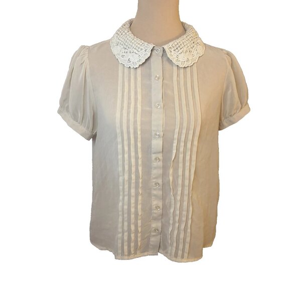 SOLD 90's Forever 21 Cream Sheer Short Sleeve Blouse with Lace Collar  Size L - Picture 1 of 8